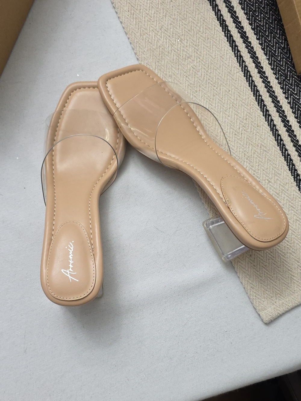 Annie Beige Nude Clear-Strap Square Toe Mules